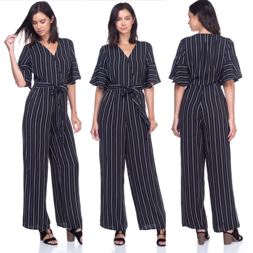 Striped ruffle short sleeves belted jumpsuit - Picture 1 of 8